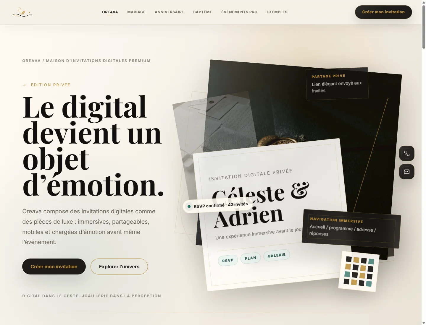 Capture desktop du site Oreava avec univers d'invitation digitale premium