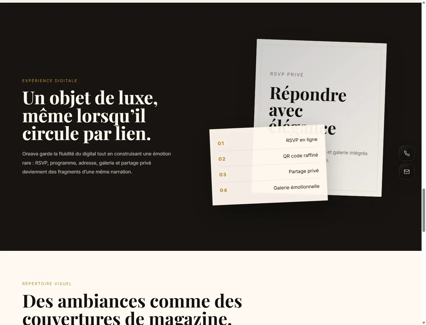 Section expérience digitale du site Oreava avec RSVP et partage privé