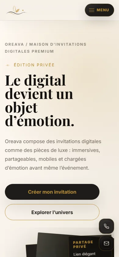 Capture mobile du site Oreava avec titre éditorial, CTA et parcours d'invitation digitale