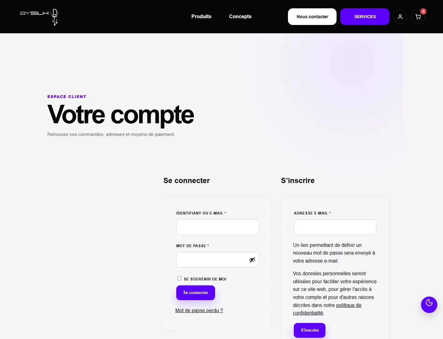 Espace compte client desktop BYSILH avec formulaire de connexion