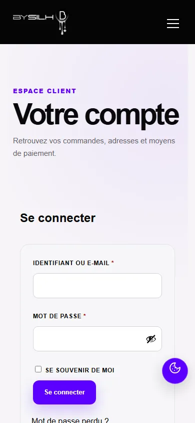 Espace compte client mobile BYSILH avec formulaire de connexion