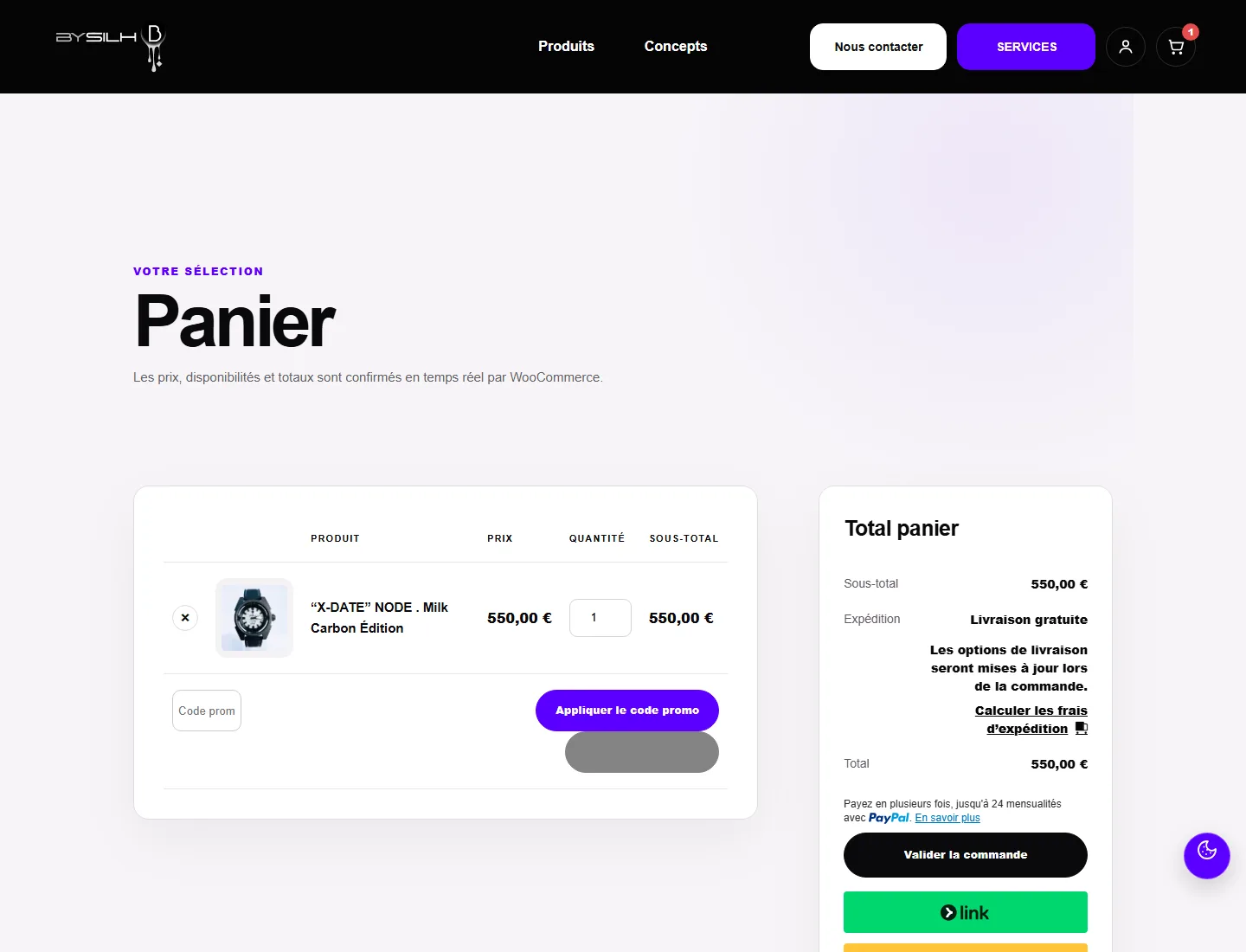 Panier WooCommerce desktop BYSILH avec produit, quantité et total