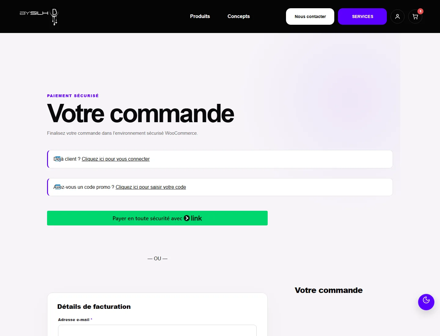 Checkout WooCommerce desktop BYSILH avec connexion, facturation et récapitulatif de commande