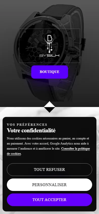 Bandeau de consentement cookies custom Silh Designers sur mobile