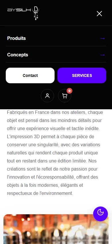 Menu mobile ouvert de BYSILH avec produits, concepts, contact, services, compte et panier