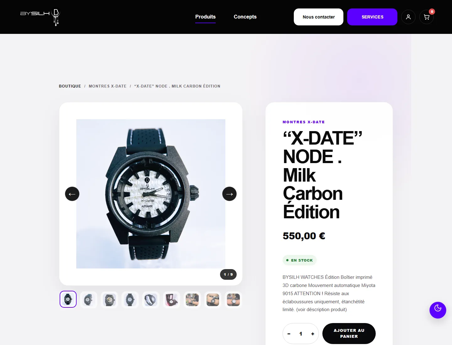 Fiche produit desktop WooCommerce BYSILH avec galerie, prix, stock, quantité et ajout au panier