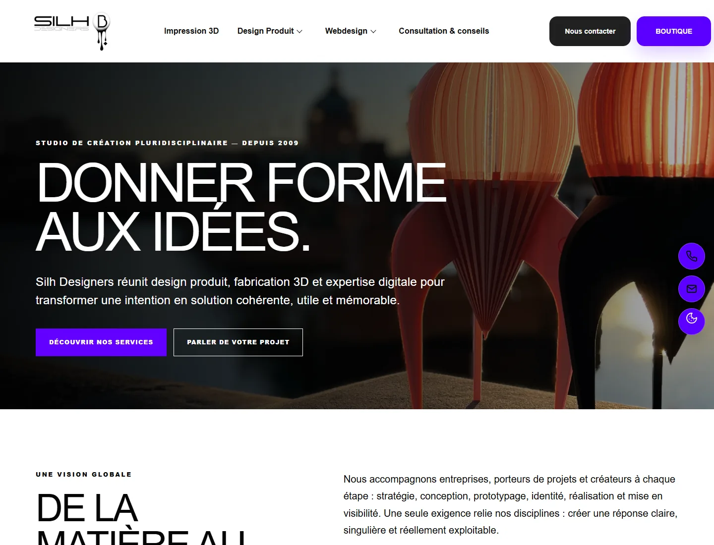 Landing desktop des services Silh Designers avec navigation par expertises et hero Donner forme aux idées
