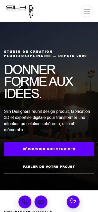 Landing mobile des services Silh Designers avec hero et navigation compacte