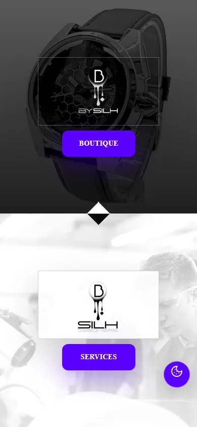 Écran mobile de Silh Designers avec les choix Boutique et Services disposés verticalement