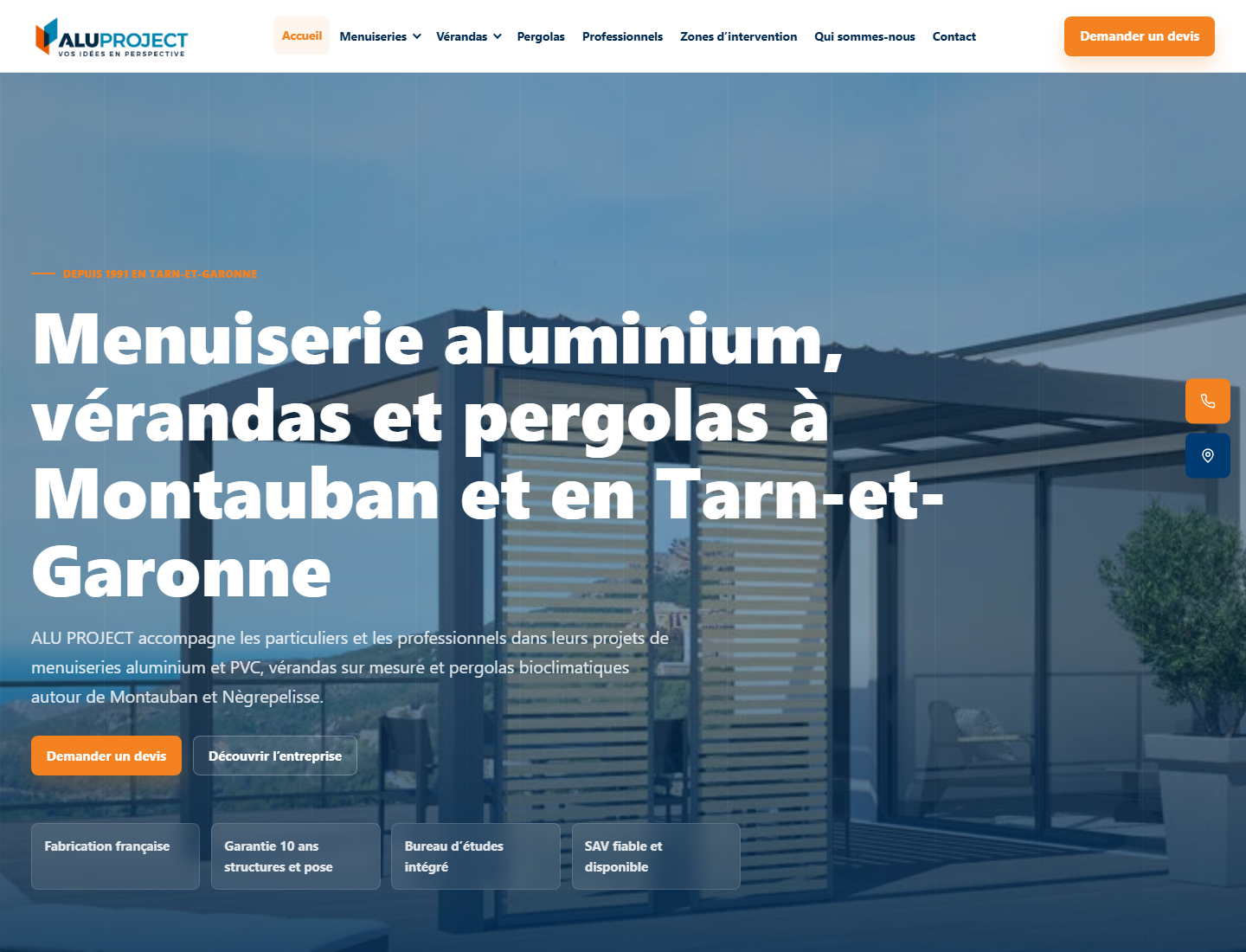 Capture desktop du site alu-project.com avec menuiserie aluminium, vérandas et pergolas à Montauban et en Tarn-et-Garonne