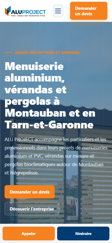 Capture mobile du site alu-project.com avec CTA devis, appel et itinéraire