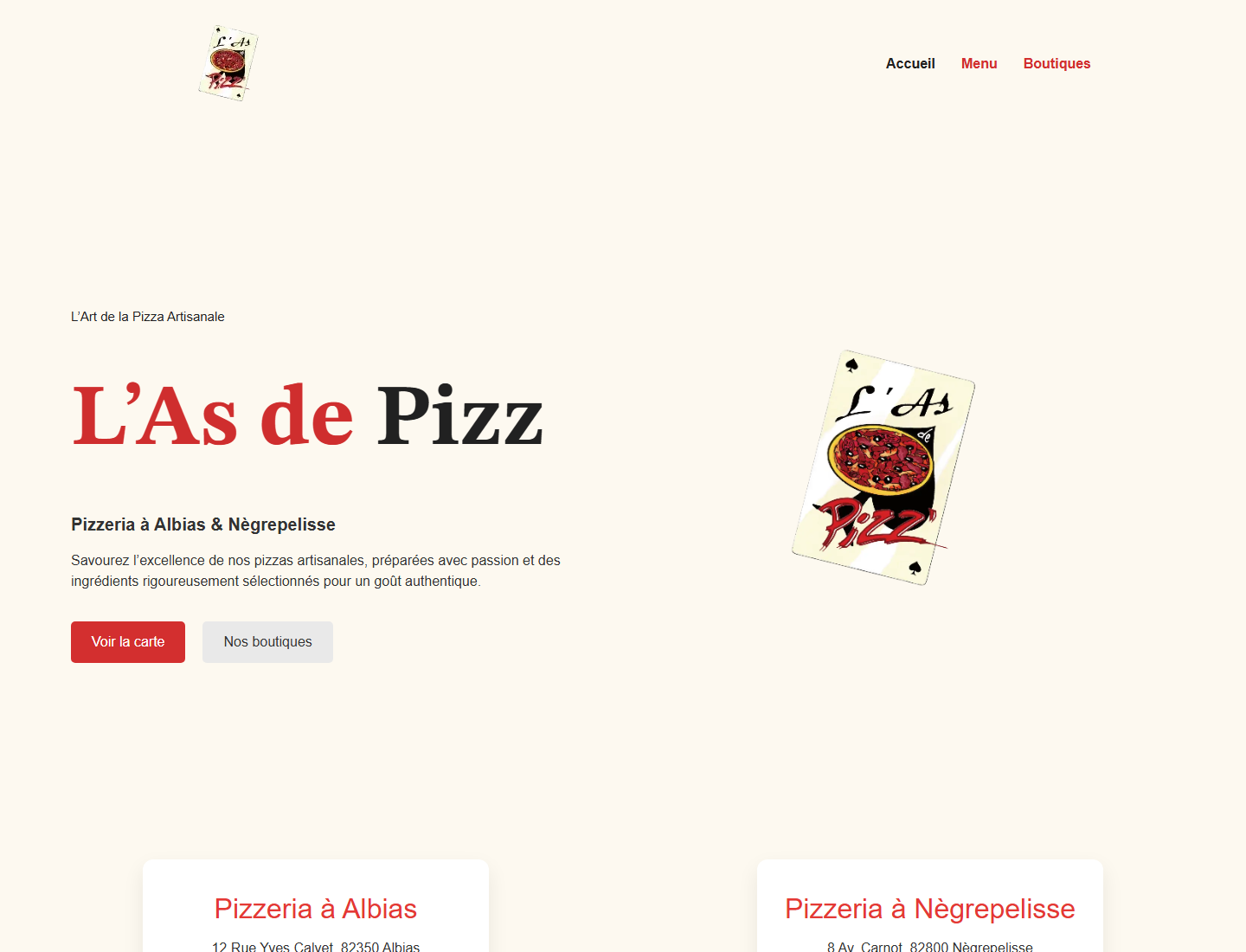 Capture desktop du site As de Pizz avec titre, CTA carte et boutiques
