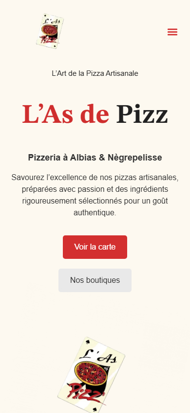 Capture mobile du site As de Pizz avec parcours menu et boutiques