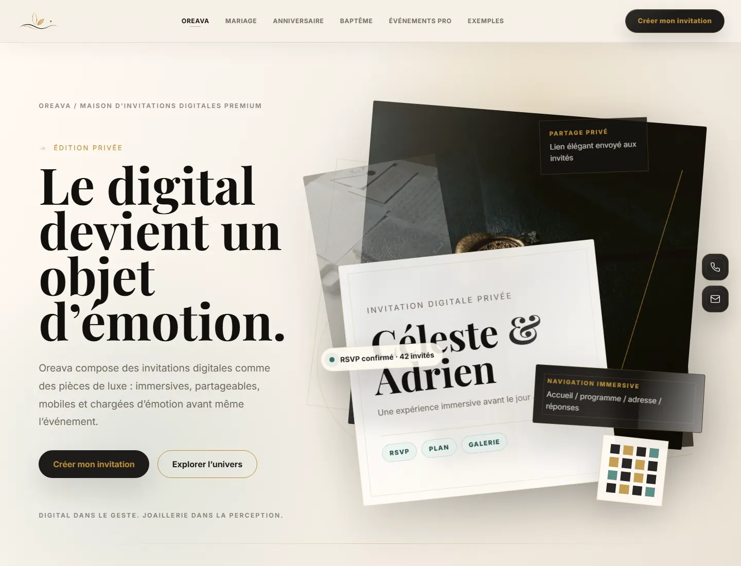 Capture desktop du site Oreava avec invitation digitale premium et univers événementiel