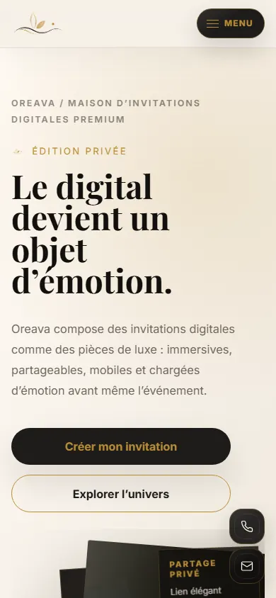 Capture mobile du site Oreava avec parcours invitation digitale et CTA événementiel