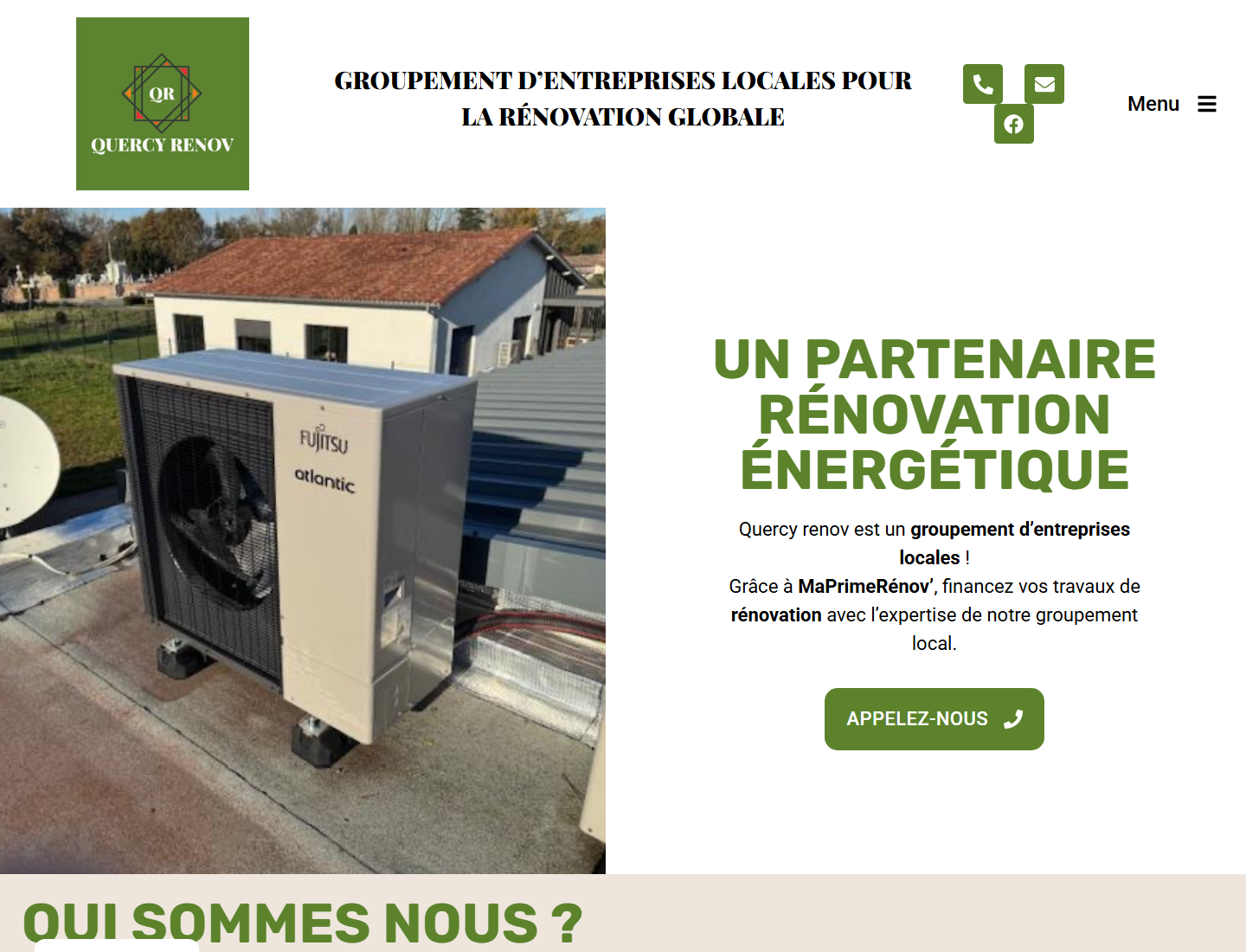 Capture desktop du site Quercy Renov avec message rénovation énergétique