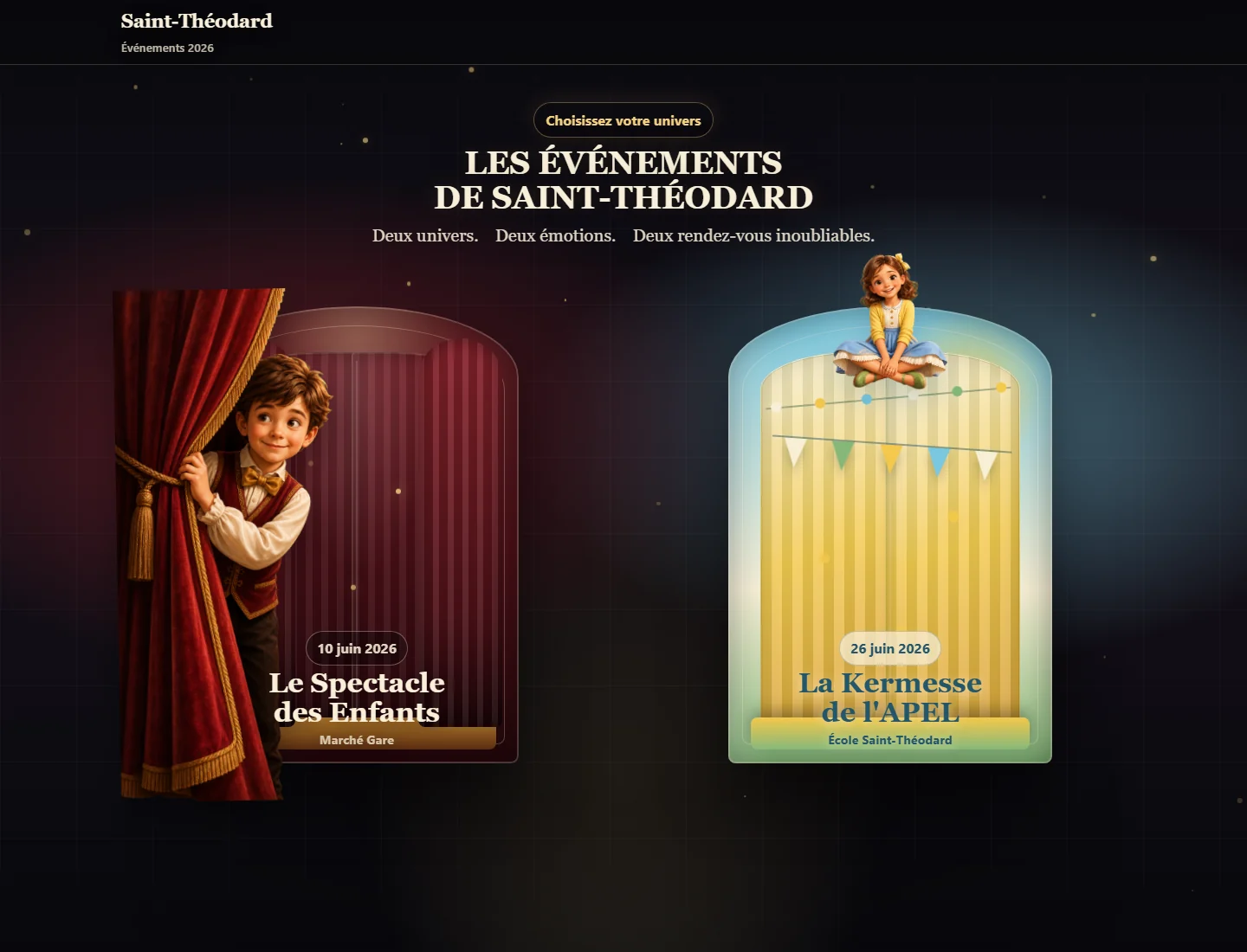 Capture desktop du microsite événementiel Saint-Théodard avec spectacle des enfants et kermesse