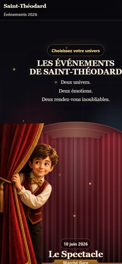 Capture mobile du microsite Saint-Théodard avec portail événementiel et carte spectacle