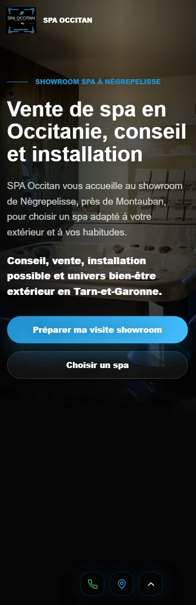 Capture mobile du nouveau site SPA Occitan avec CTA showroom, choix de spa et actions locales